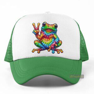 🆕Tie Dye Peace Frog Foam Trucker Hat Mesh Snapback Cap Green/White